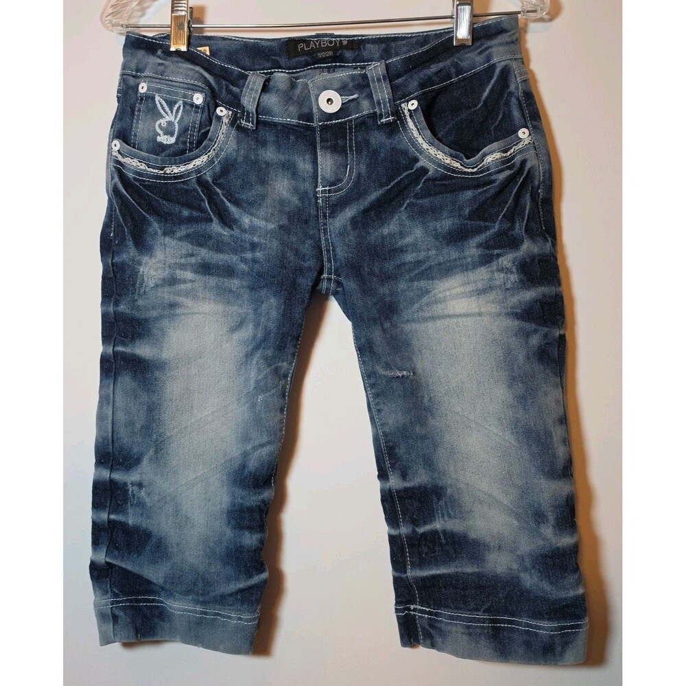 Vtg Playboy Wmns Y2K Acid Wash Denim Shorts Blue Bunny Logo Sz Jr 11/12 *Damage*